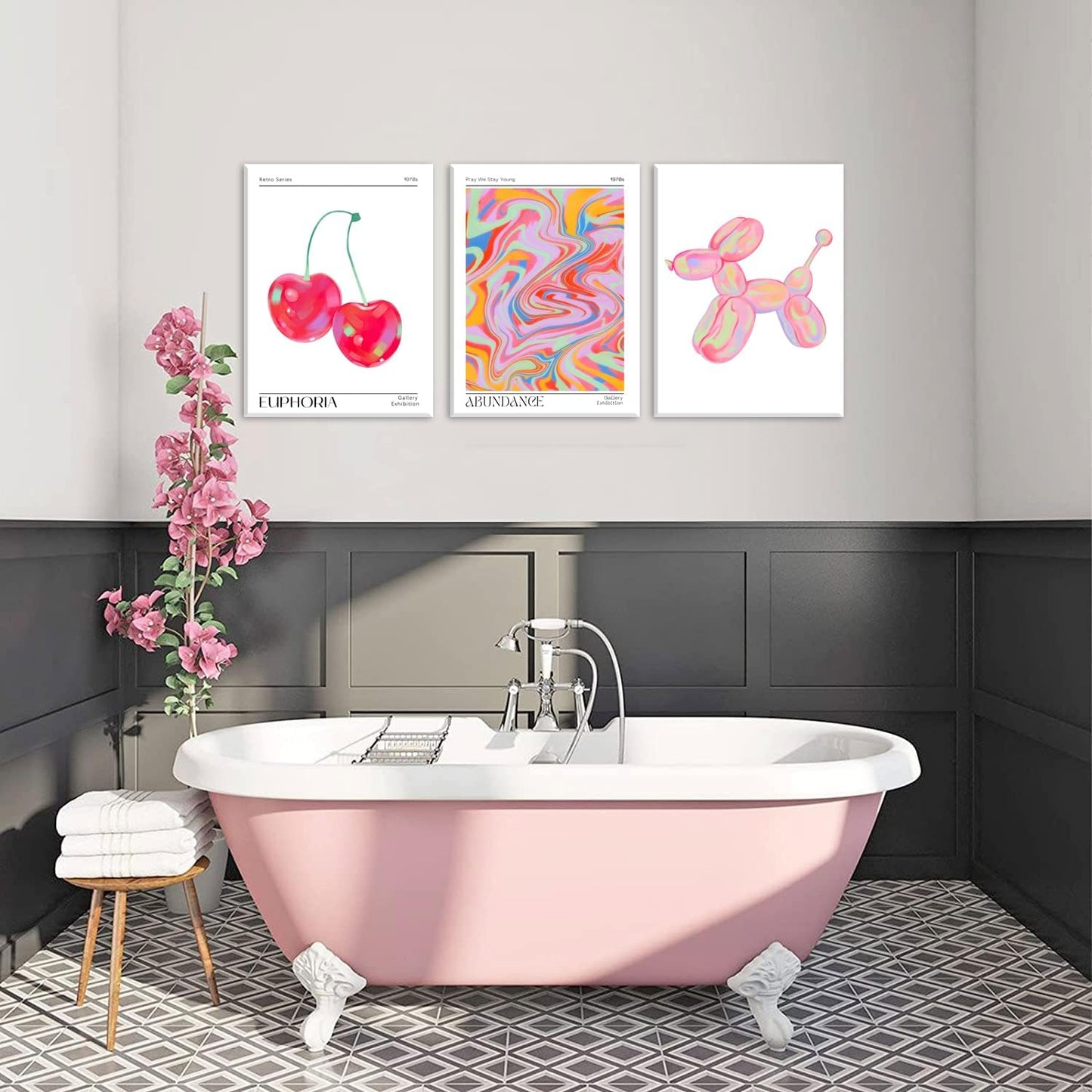 Framed Pink Preppy Wall Art Set of 3 Trendy Cute Balloon Dog Cherry Posters Abstract Aura Canvas Prints Modern Colorful Painting Retro Pop Art Decor Positive Picture for Living Room Bedroom 12x16in