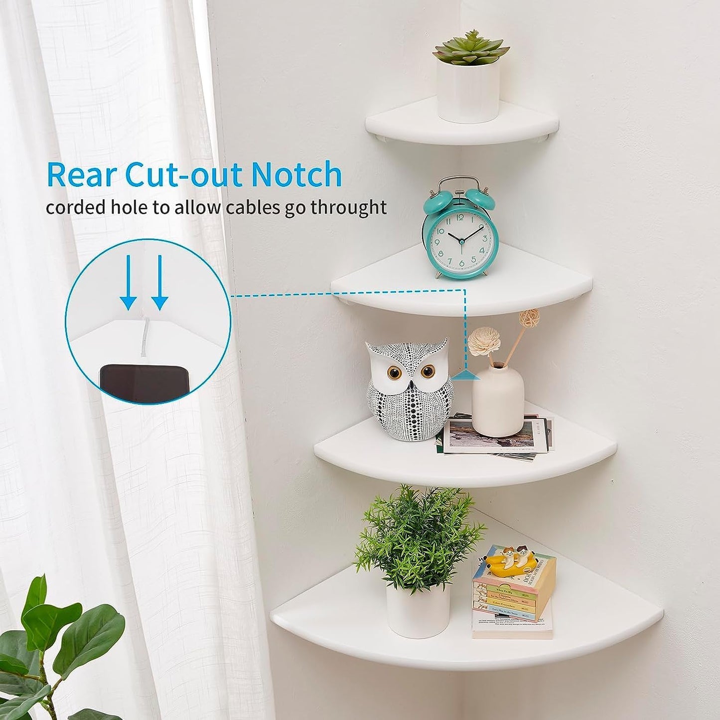 Corner Wall Shelves, White Floating Corner Shelf, Set of 2 16inch Solid Oak Wood Shelves, Round End Wall Mount Display Shelf with Wire Hole for Small Plant for Bedroom Kitchen, Living Room