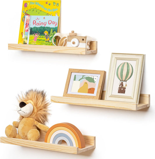 Picture Ledge Shelf for Wall, 16 inches Solid Pine Wood Nursery Book Shelves 3 Packs, Floating Ledge Shelves for Kids' Room Bedroom Bathroom Living Room Photo Frames Office Nursey Wall Decor, Natural