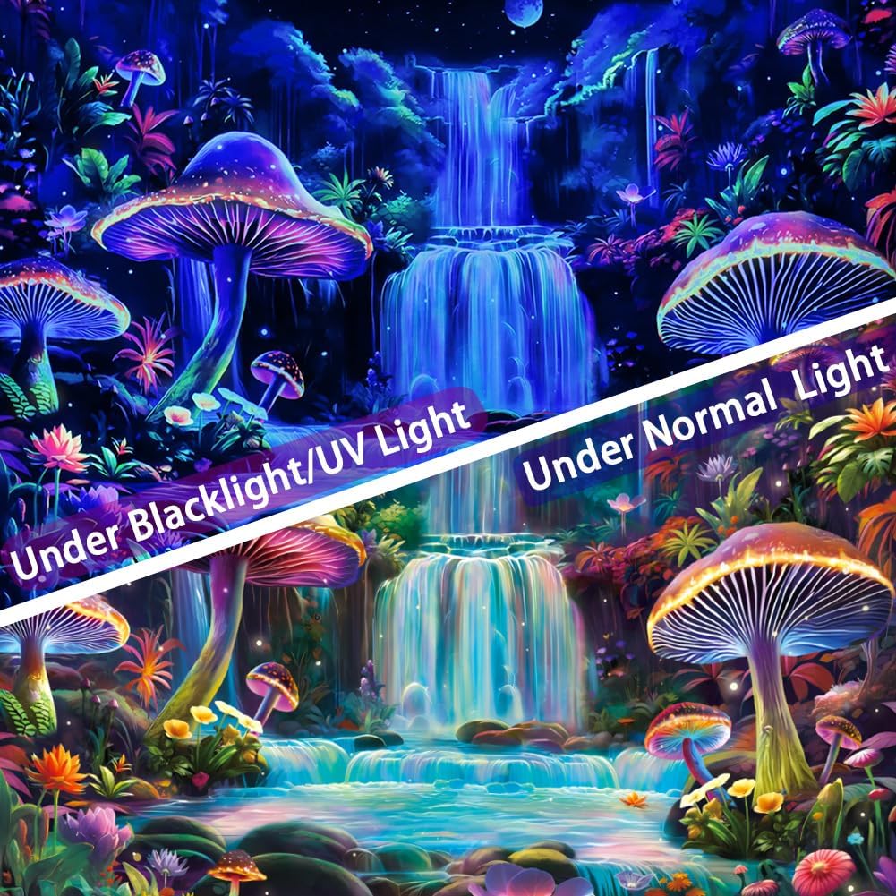 Dermijer Blacklight Tapestry Fantasy Mushroom Forest Tapestry UV Reactive Waterfall Tapestries Moon Night Neon Flower Landscape Wall Hanging for Home Decor L92.5×W70.8