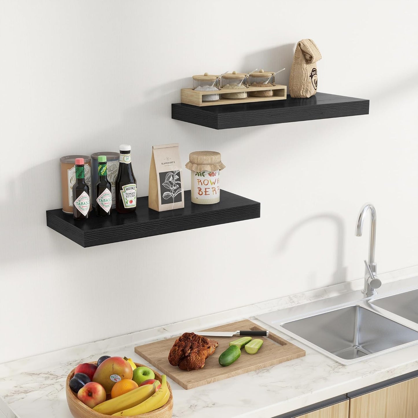 Fun Memories 24 Inch Floating Shelves Wall Mounted, 10 Inch Deep Wall Shelves, 24 x 10 Floating Shelf for Living Room Bathroom Bedroom, Black, Set of 2