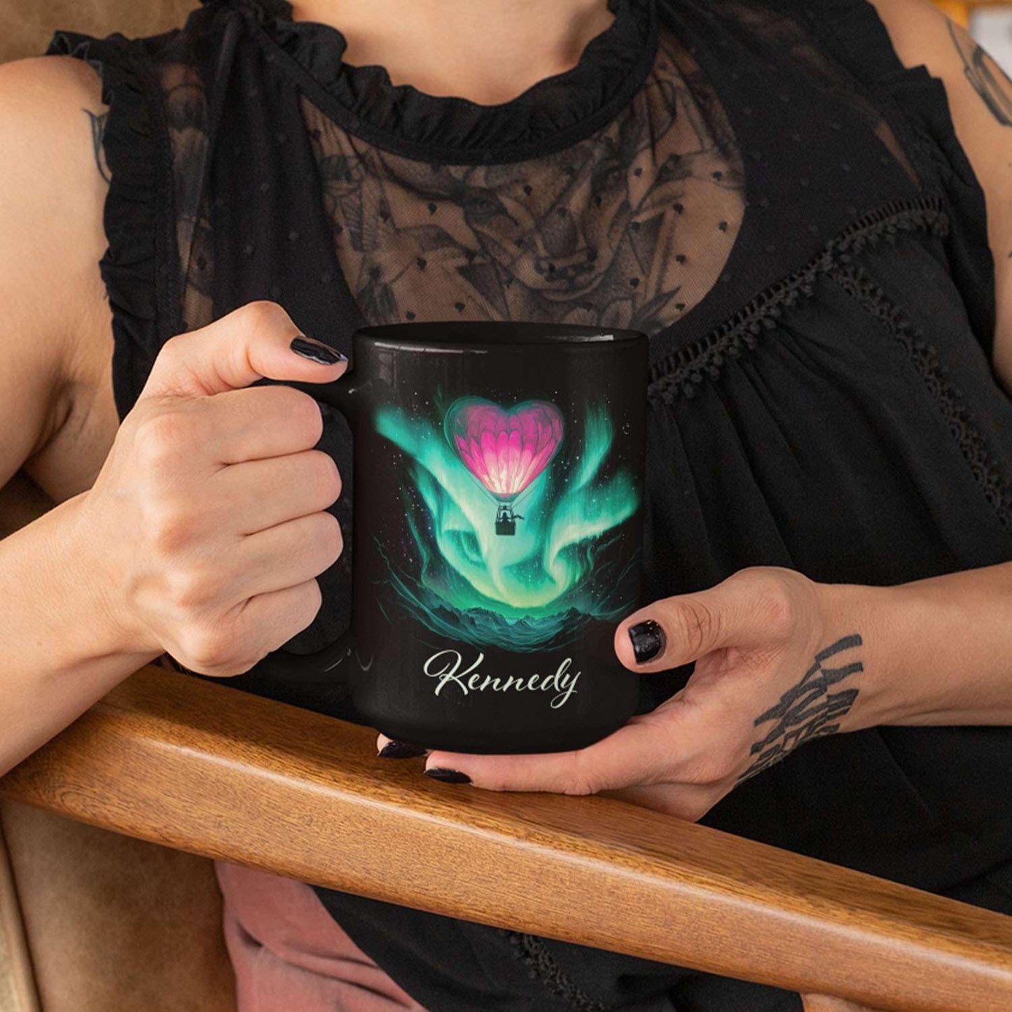 Customized Name Coffee Cup, Custom Hot Air Balloon Mug With Heart-Shaped, Personalized Northern Lights Ceramic Mug, Gift For Couples On Valentine's Day, Love Black Cup 11oz Or 15oz