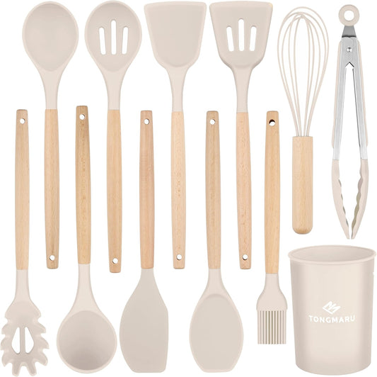 Silicone Cooking Utensils Set, Premium Beech Wood Handle Kitchen Gadgets Utensil Set, Non-Stick Kitchen Utensils Spatula, Tongs, Turner, Whisk, Brush, Spoon, BPA FREE, 446°F Resistant (Khaki)