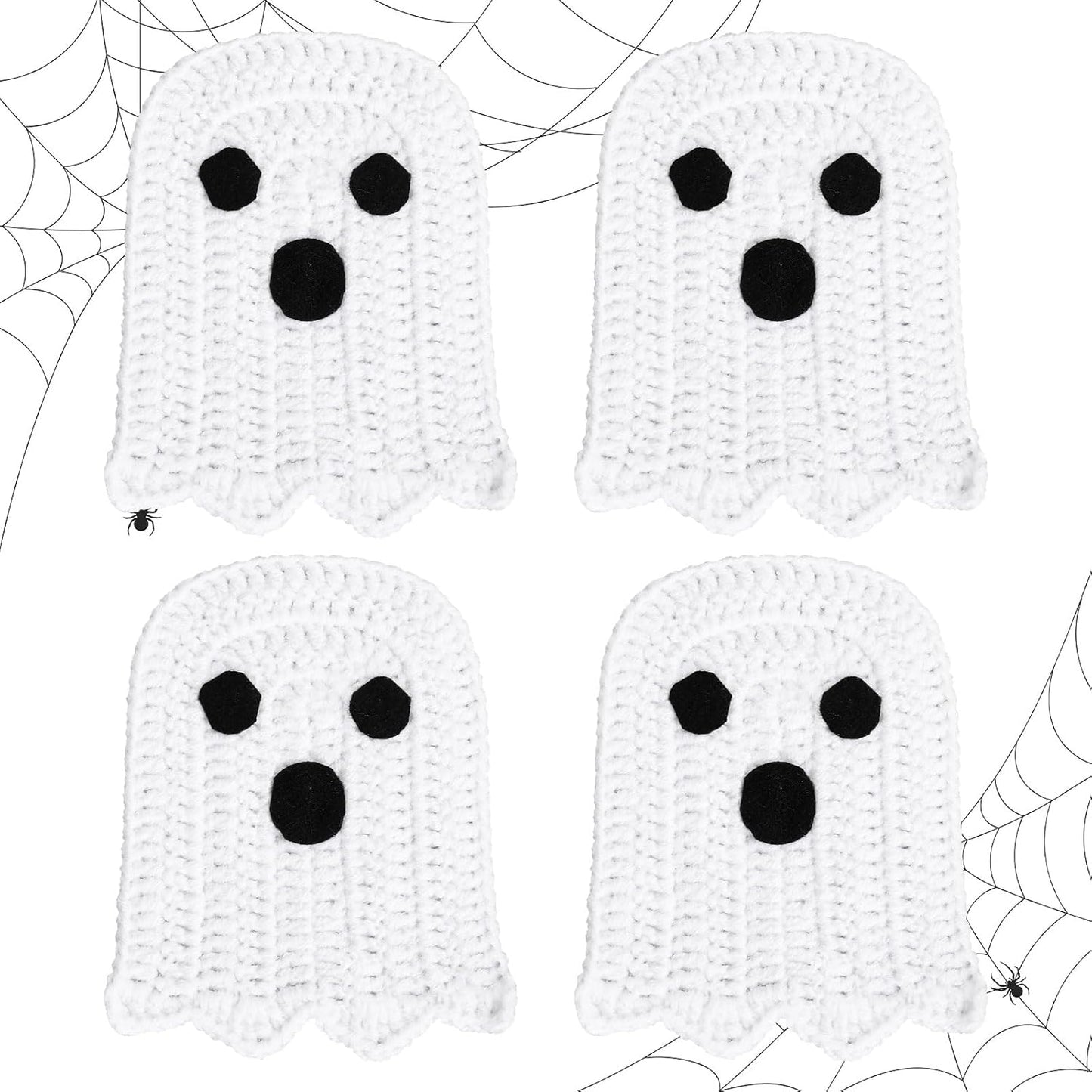 Whaline 4Pcs Halloween Ghost Coasters Handmade Crochet Drink Coasters Woven Fabric Cup Mat for Home Kitchen Party Table Decor