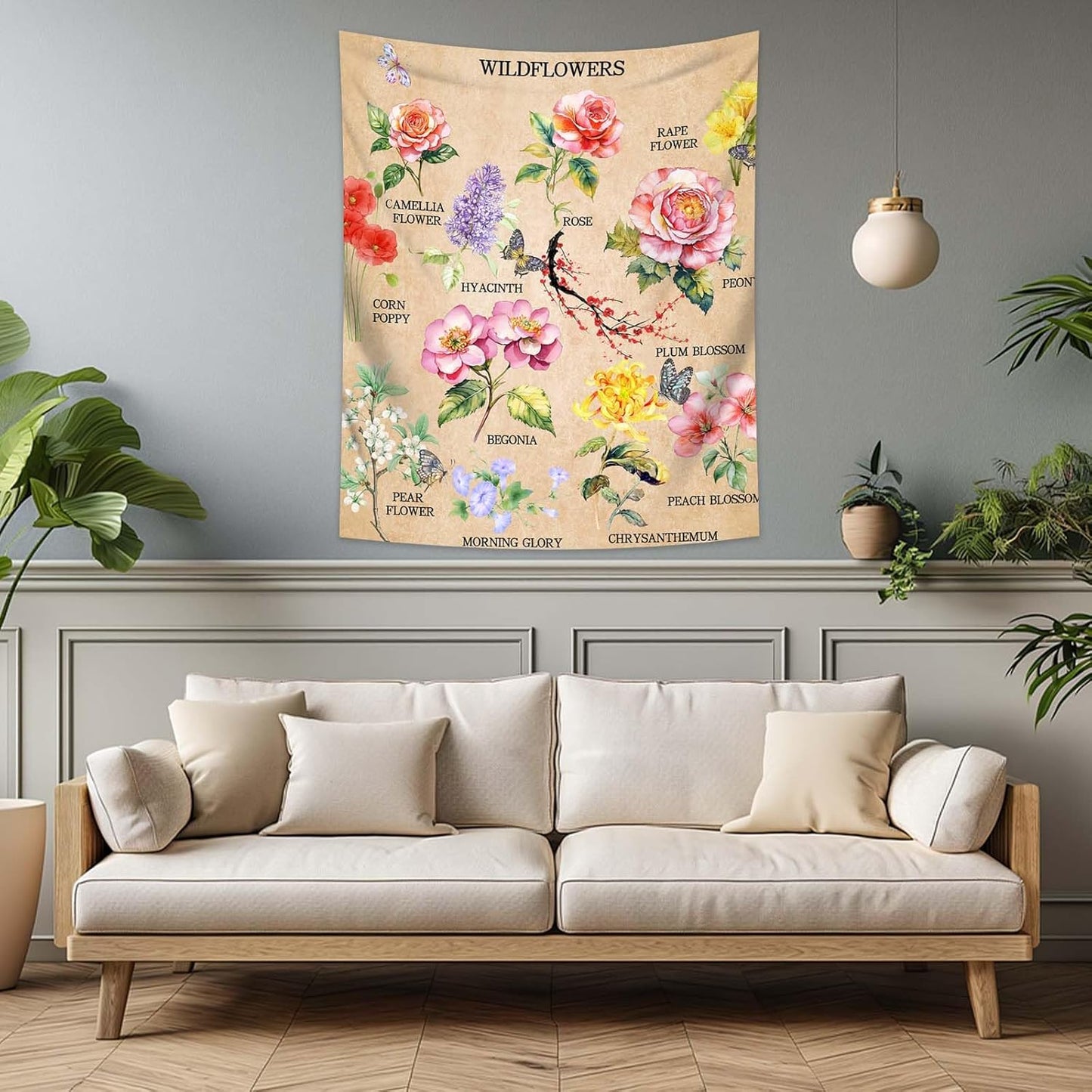 dueeia Vintage Floral Tapestry Wall Hanging Wildflowers Colourful Flower Boho Butterfly Tapestries for Bedroom Aesthetic Living Room Wall Decor (59.1"x51.2")
