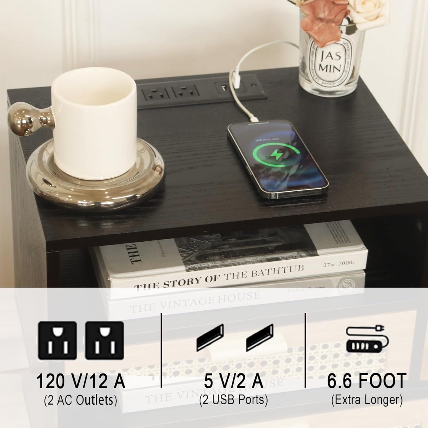 MaxSmeo Mid Century Modern Nightstand with Charging Station, Bedside Tables with Rattan Drawer, Small Wood Nightstand Side Table for Living Room,Bedroom (Black)