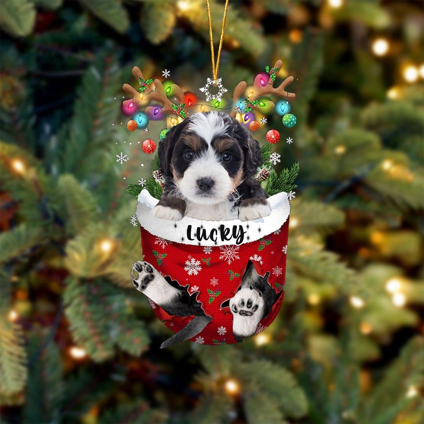 Bernedoodle Dog Christmas Ornament, Bernedoodle in Snow Pocket Christmas Tree Ornament, Dog Lovers Gift Idea Xmas Decor, Christmas Decorations for Tree, Christmas Ornament Gift for Dog Lovers