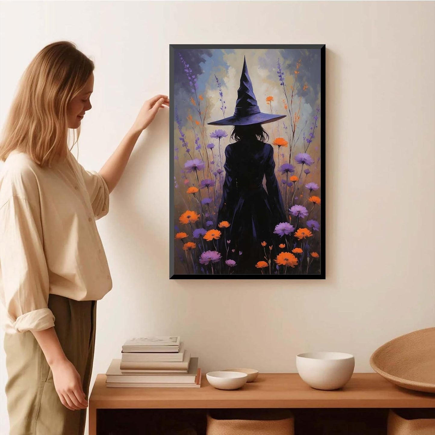 JFHCQJPK Country wildflower witch canvas print halloween mashup art witch purple decoration bohemian elegant art poster8x12in Metal blackFramed