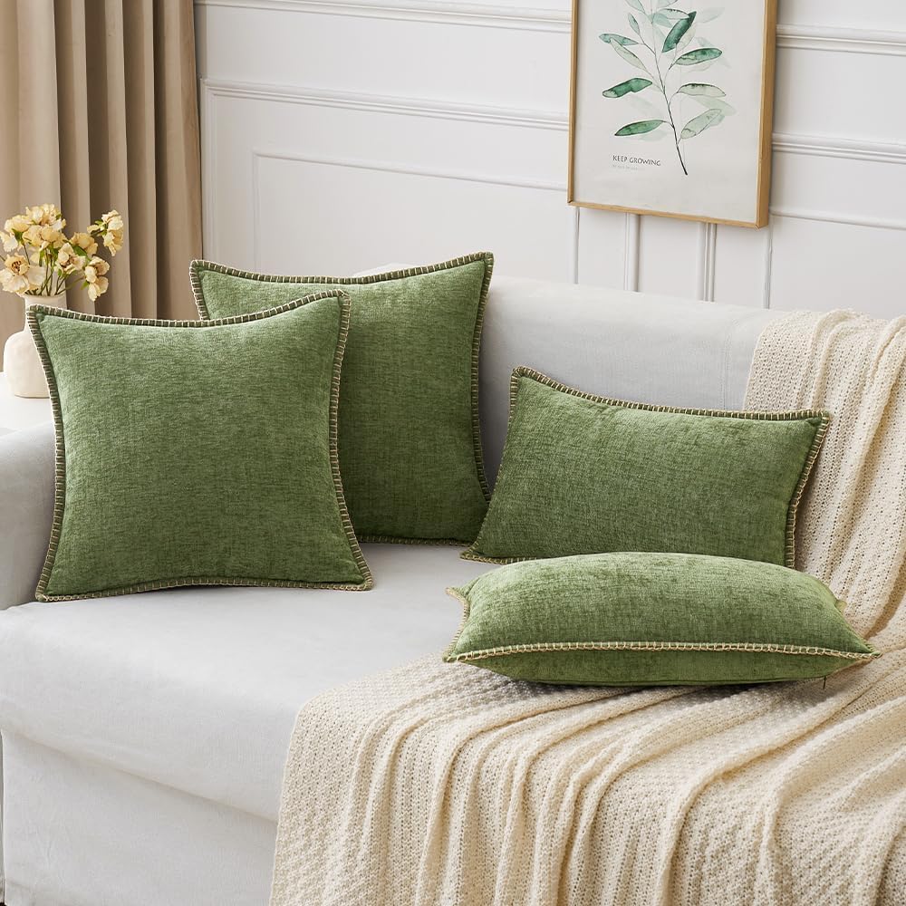 MIULEE Pack of 2 Couch Throw Pillow Covers 12x20 Inch Sage Green Farmhouse Decorative Pillow Covers with Stitched Edge Soft Chenille Solid Dyed Spring Pillow Covers for Sofa Bed Living Room