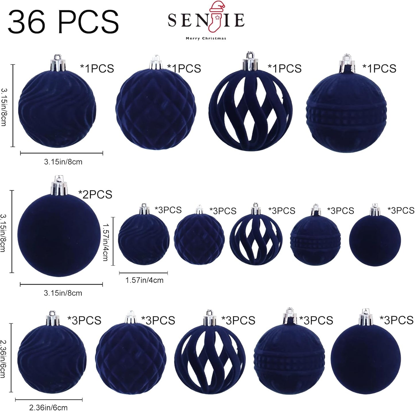 36pcs Velvet Christmas Ornaments, Flocked Christmas Balls Sets Assortment for Christmas Tree Holiday Decor