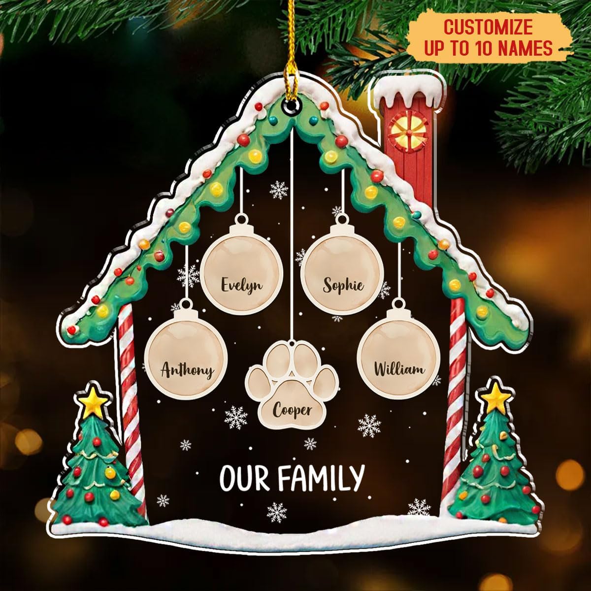 Personalized Family Christmas Acrylic Ornament 2024 - Custom Name Charms Family Members up to 10 People and Pets, Paw Charm Ornament Gifts for Family Tree Decoration (A02, 4 Names)