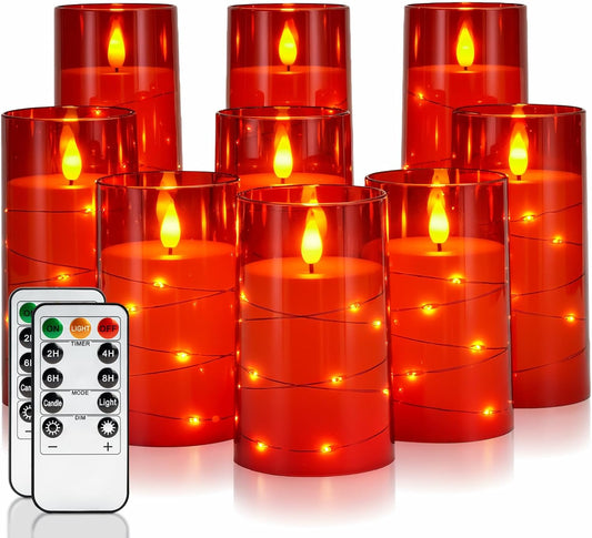 Homemory 9 Pcs Flameless Candles with Embedded Star String Fairy Lights, Battery Operated Candles, LED Candle, Fake Candles with Remote Control and Timer (Red)