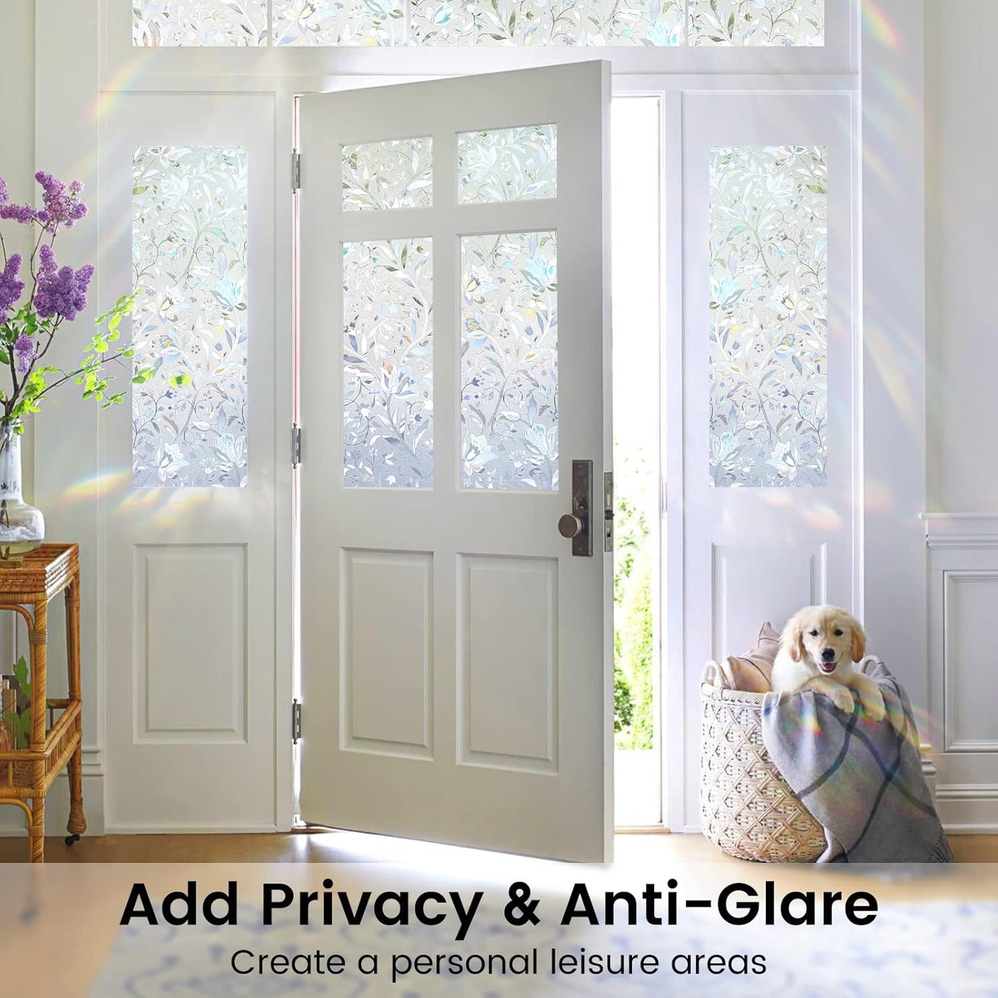 DOWELL Window Privacy Film, 3D Stained Glass Rainbow Films, Decorative Window Vinyl Sun Blocker Door Covering, Static Cling Non-Adhesive Glass Sticker for Home, Blooming Flowers, 17.5"x118.1"