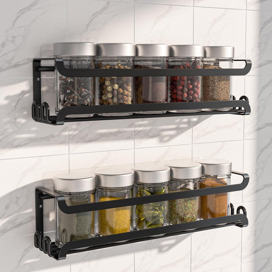 LUCYCAZ 2 Pack Wall Mounted Spice Rack with 16 Hooks, Spice Organizer Shelf for Stove Cabinet Pantry Door,Screw or Adhesive Spice Shelf Hanging Wall Spice Rack in Kitchen and RV (Black, 2 PACK)