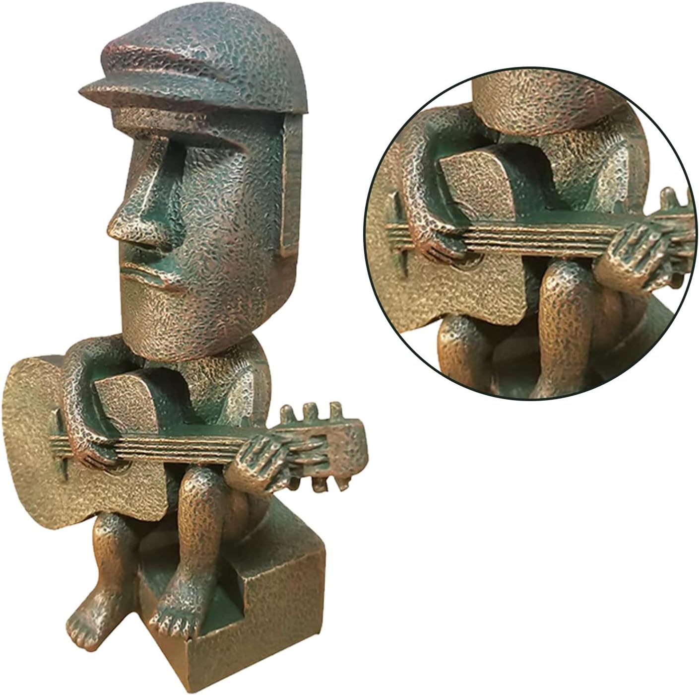 Moai Statue Decor - 6 Inch Easter Island Oranment Resin Stone Decoration for Room Accessories Antique Sculpture for Office Desktop (Play The Guitar)