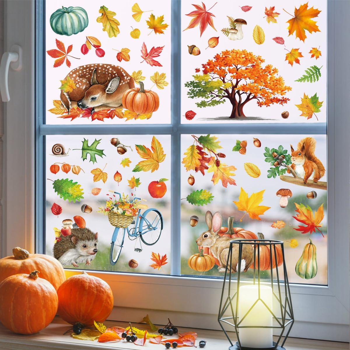 Fall Window Clings 9 Sheets Large-Size Window Clings for Glass Windo Decoration Autumn Leaves Animals Woodland Home Bedroom Nursery Room Windo Decals