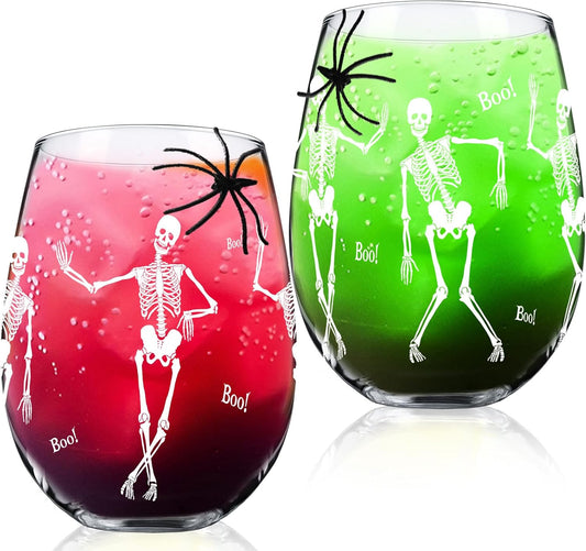 Sliner 2 Pack 17 oz Halloween Skeleton Wine Glasses Gift for Women Skull Shot Glasses Whiskey Drinking Cup for Halloween Party Supplies Birthday Theme Events Spooky Gifts(Skeleton)