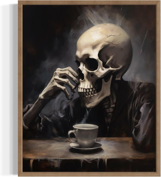 Skull Drinking Coffee Poster Art Print, Halloween Scary Vintage Wall Art Academia Spooky Painting Decoration for Horror Prints, Gothic Posters Bedroom Decor 89 (Skull Drinking Coffee, 11 x 14 inches, Wood Frame)