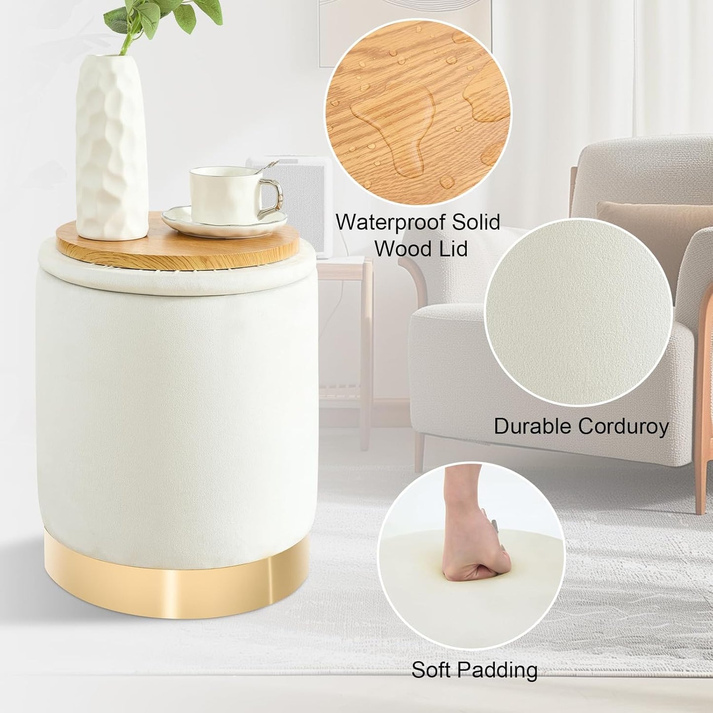 Round Ottoman with Storage Set of 2, Upholstered Velvet Storage Ottomans, Vanity Stool, Multifunctional Ottomans, Coffee Table Foot Rest Ottoman for Living Room Bedroom, White