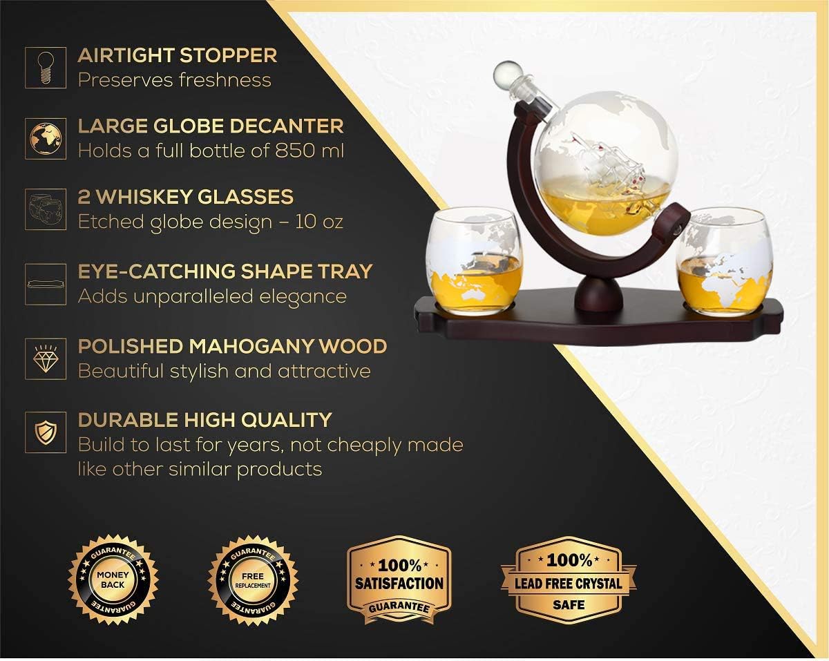 Whiskey Globe Decanter Set with 2 Etched Globe Glasses in Gift Box - Home Bar Accessories for Liquor, Whiskey, Brandy, Gin, Rum, Tequila, Vodka, and Brandy