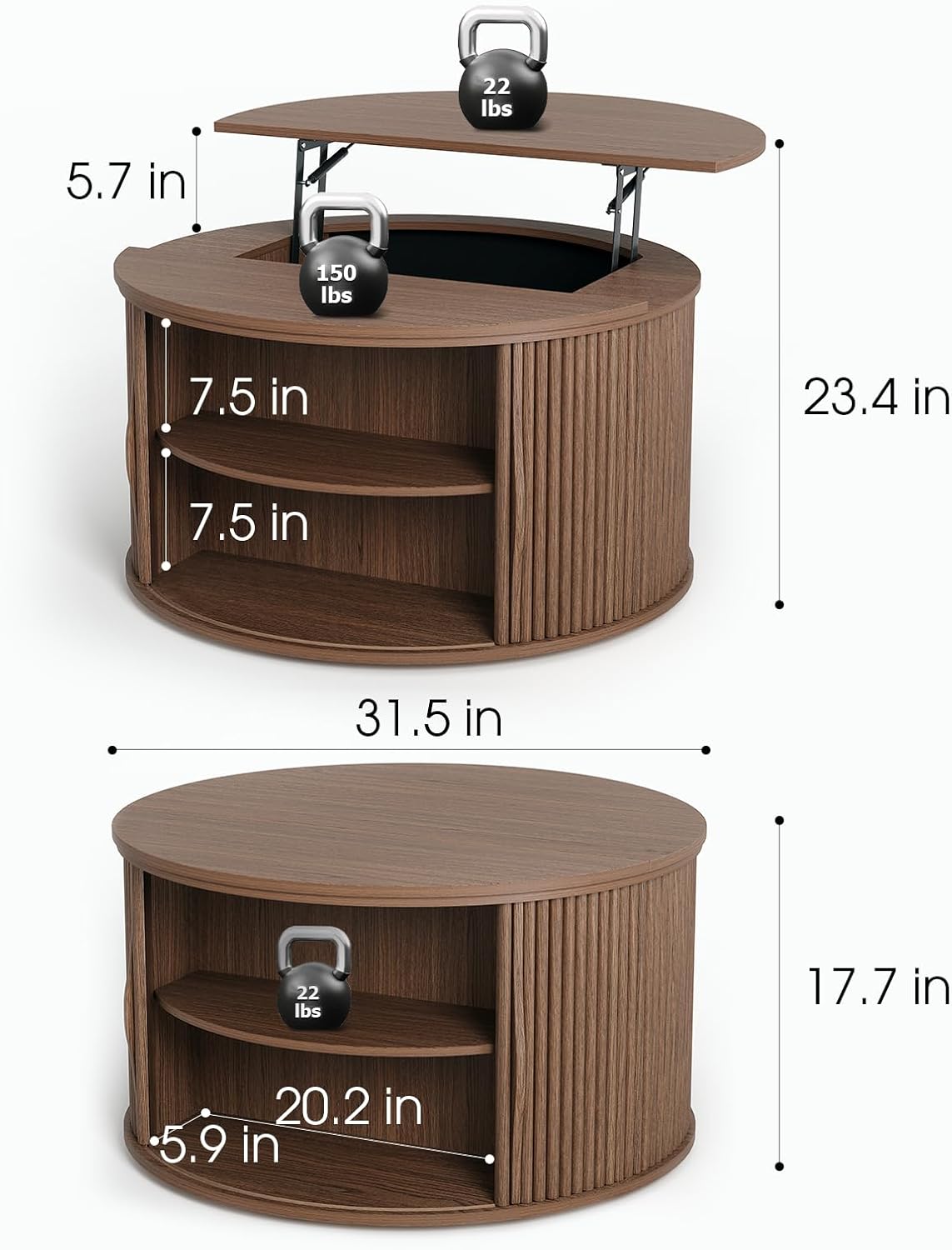Round Coffee Table with Lifting Top,31.5”Mid Century Modern Lift Top Coffee Table with Hidden Compartment,Fluted Small Center Table for Living Room,Walnut