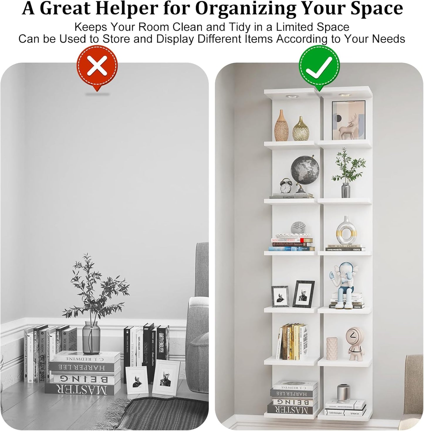 Versatile 7 Tier Shelf Unit 6.4Ft Lack Wall Shelf Unit with LED Floating Wall Shelf Unit Wall Mount Vertical Shelving for Storage Space Saving Organizer for Bedroom Living Room Office Display Decor