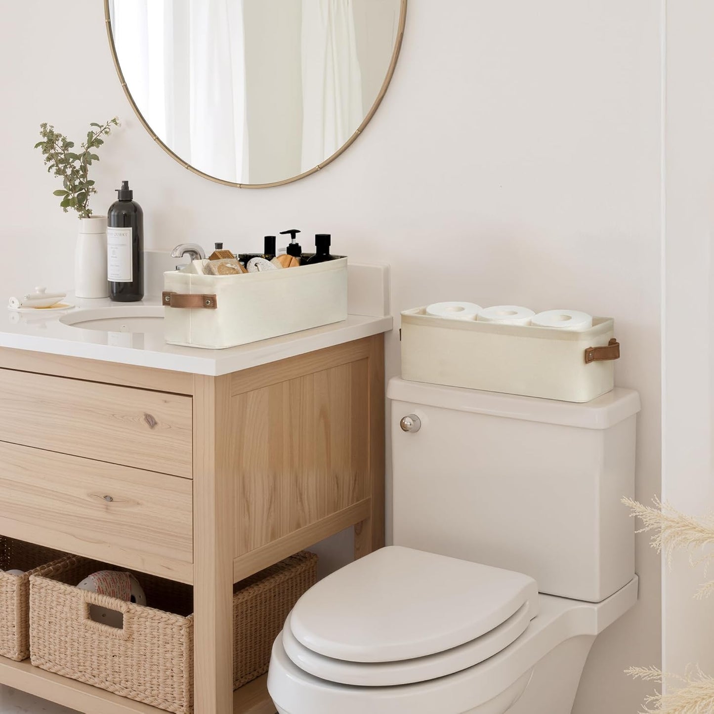 StorageWorks Narrow Storage Bins, Small Basket for Closet and Shelves, Fabric Organizer with Handles, Toilet Paper Storage, Natural Color, 2-Pack