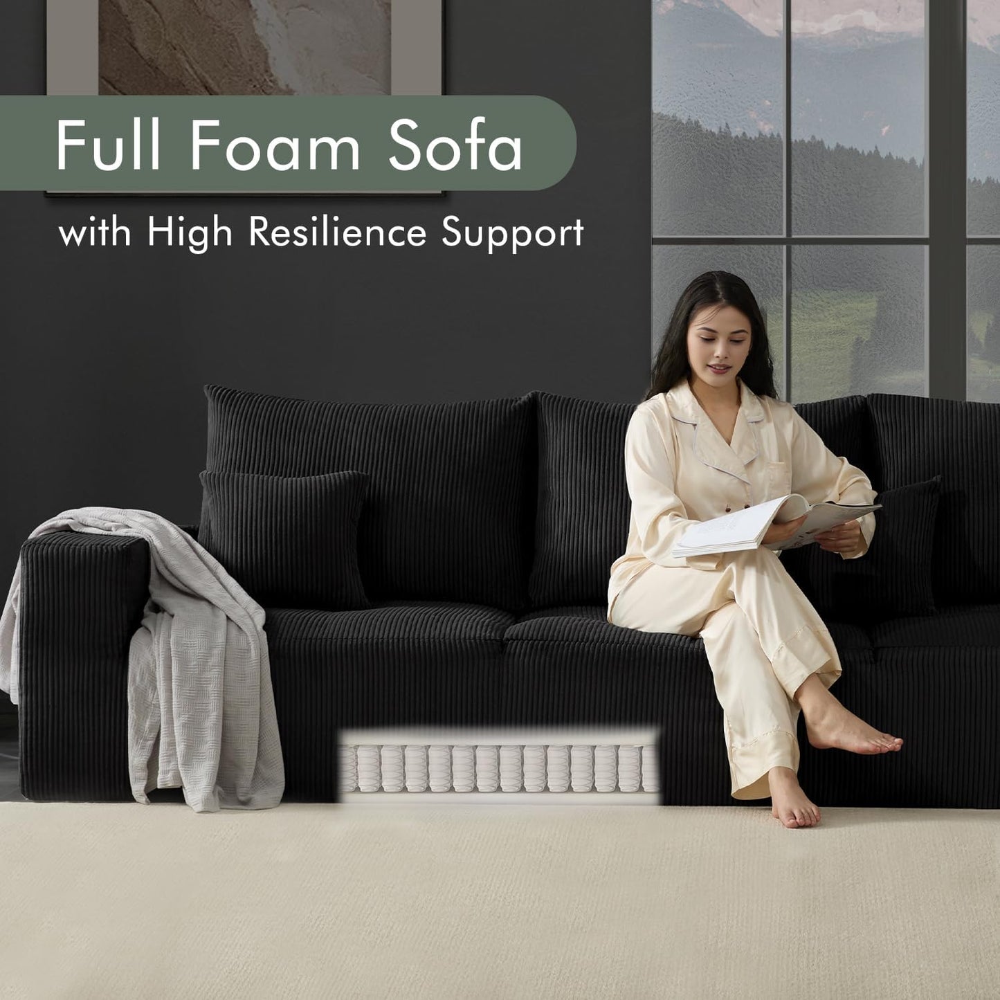 Boneless Sectional Cloud Couch Sofa for Living Room, 112" L-Shaped Modular Modern Lounge Sleeper Black Couches with Chaise, No Assemble, Cordury Compression Upholstered Sofas