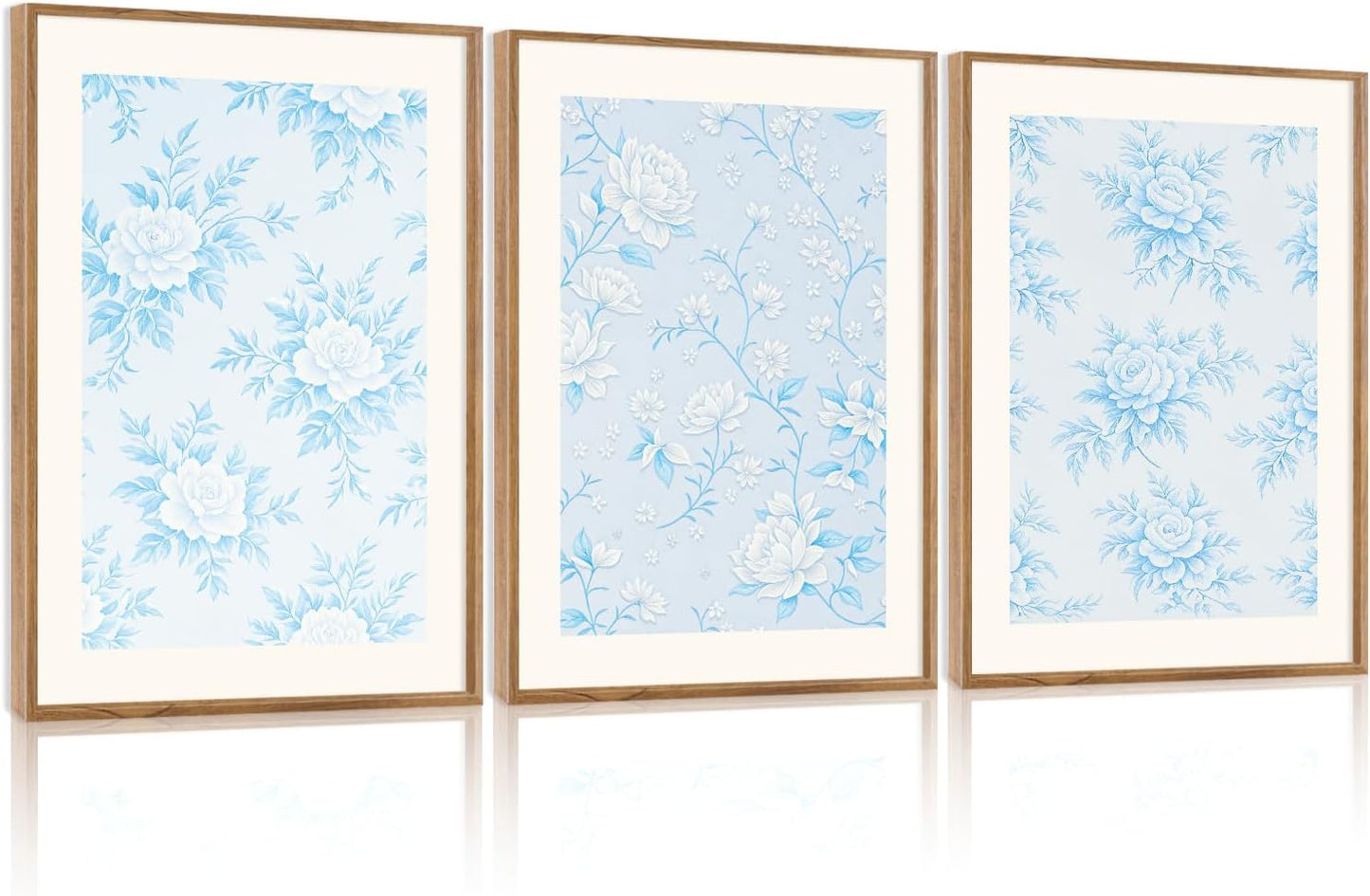 HPNIUB Large Classic Chinoiserie Floral Framed Canvas Wall Art Set, Watercolor Blue and White Flower Rose Wall Decor, Blue Minimalist Wildflower Art Print for Living Room,Bedroom,Office-16 x24 x3