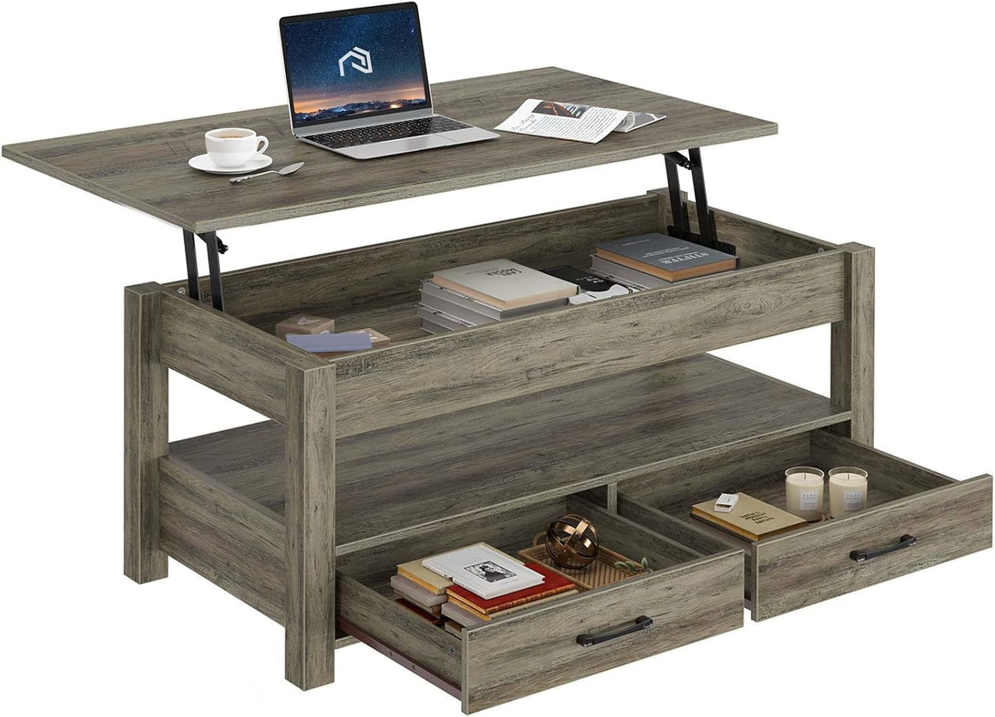 Rolanstar Coffee Table, 47.2" Lift Top Coffee Table with Drawers and Hidden Compartment, Retro Central Table with Wooden Lift Tabletop, for Living Room, Washed Oak