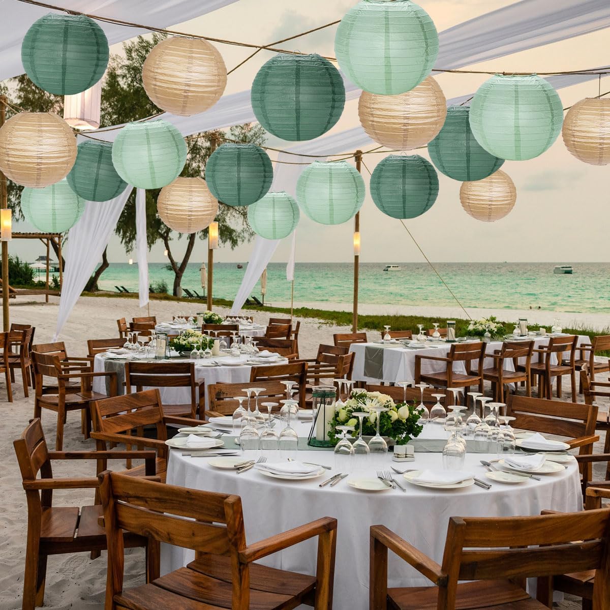 Paper Lanterns Decorative, Sage Green Forest Tan Hanging Round Chinese Lanterns with Lights for Rustic Party Sage Green Birthday Party 12 LED Light Pack of 12