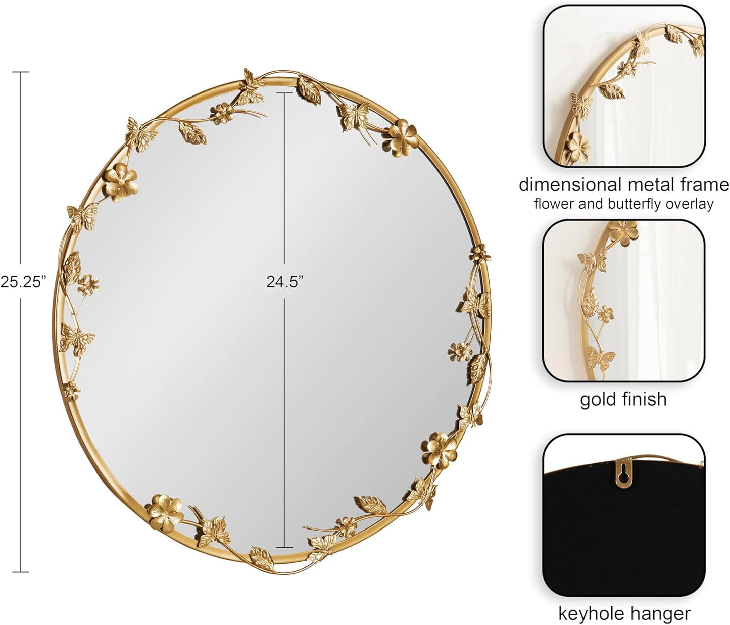Kate and Laurel Rosella Modern Ornate Round Wall Mirror, 26 Inch Diameter, Gold, Circle Mirror with Floral Detailing for Use as Bathroom Mirror for Over Sink or Cute Nursery Mirror Decor