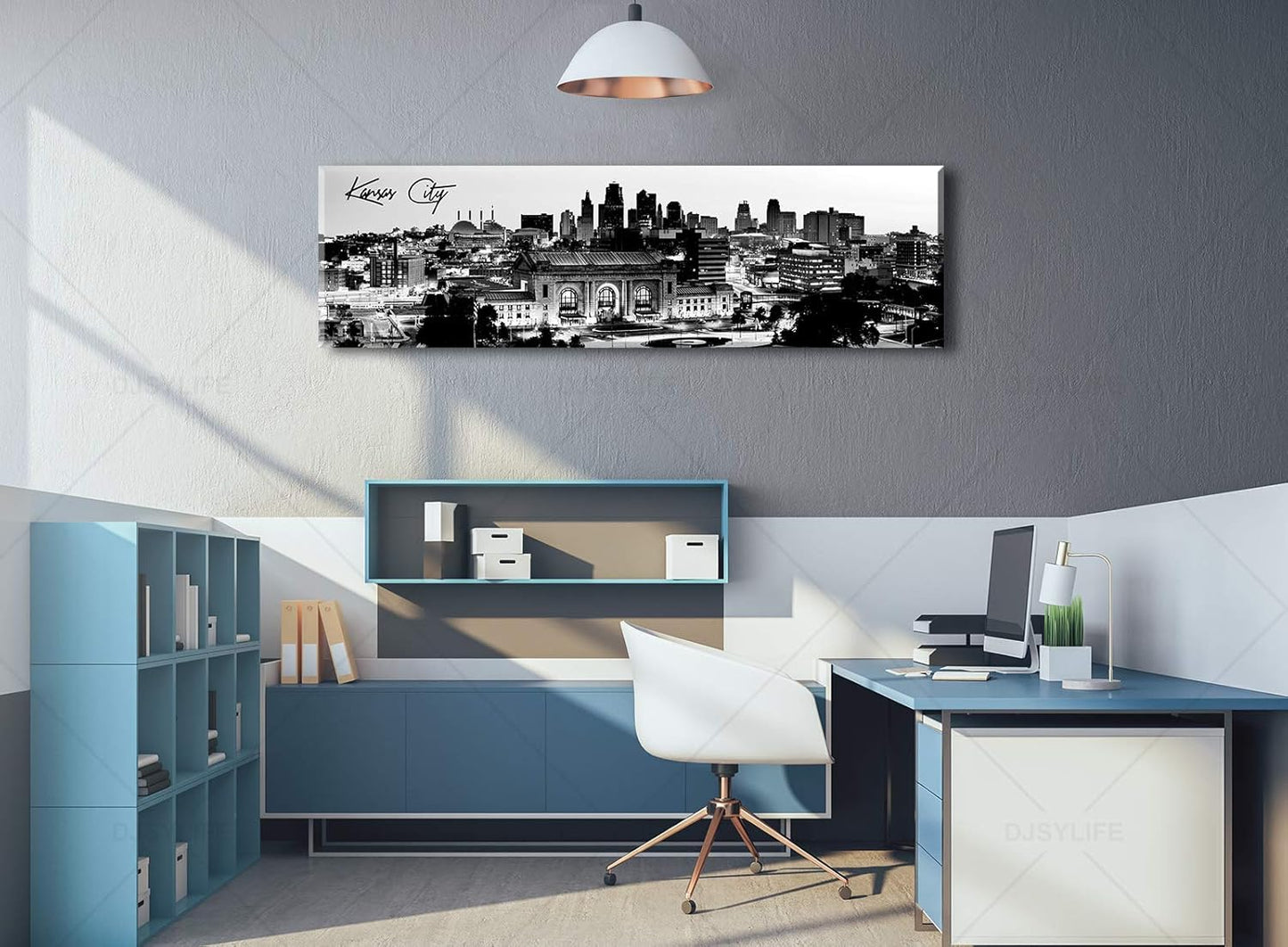 Pictures for Bedroom Black and White Wall Art Kansas City Panoramic Cityscape Skyline Canvas Art Prints for Living Room Office Home Decor Framed and Ready to Hang 13.8"x47.3"