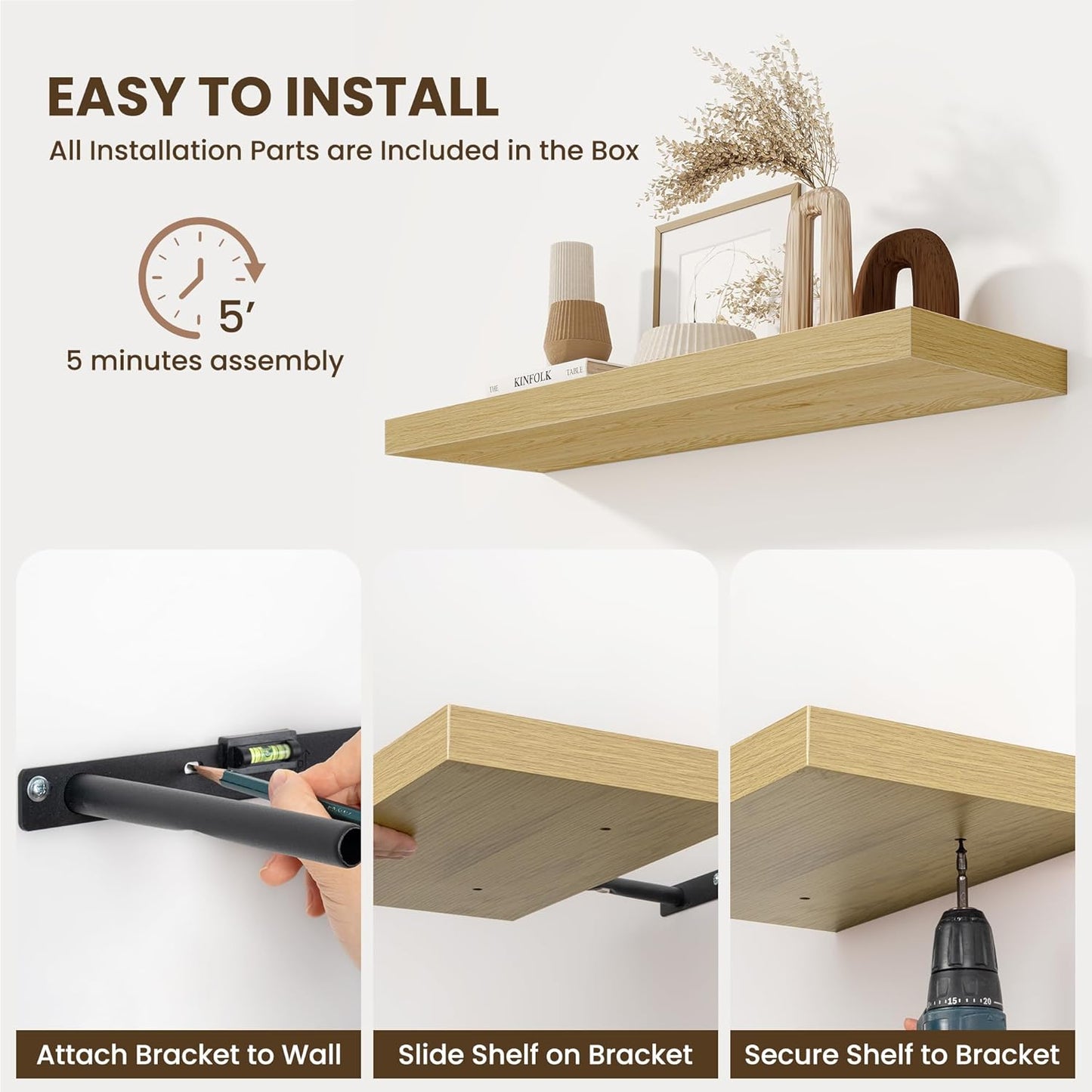 Fun Memories Floating Shelves for Wall 36 Inches, Wood Shelves with Invisible Bracket, 10" Deep Shelves Wall Mounted, Large Wood Floating Shelves for Living Room Bathroom, Oak, Set of 2