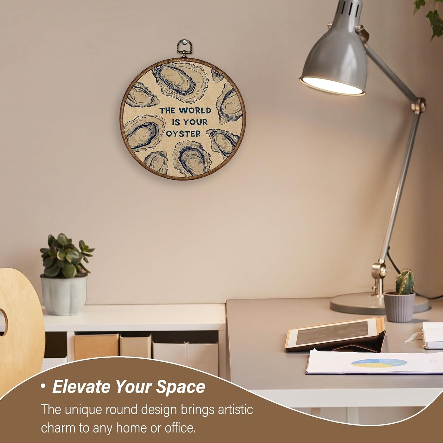 XBBMGG Oyster Wall Art Decor, Coastal Vintage Oyster Shell Round Wall Hanging Decor, Beach Ocean Nautical The World Is Your Oyster Framed Canvas Prints for Living Room Bathroom Decorations, 10x10inch