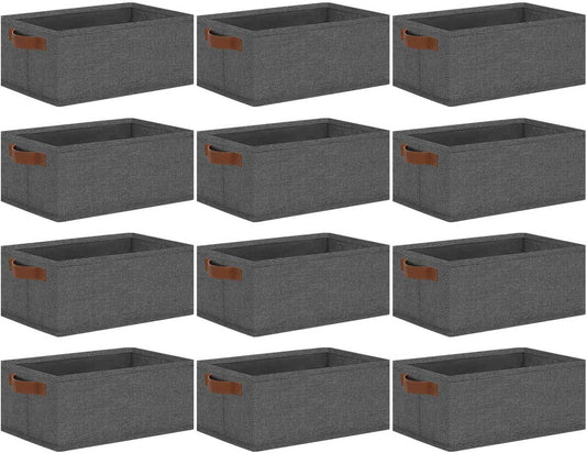 GhvyenntteS Small Fabric Storage Bins 12 Pack, 11.8" x 7.87" x 5.11" Storage Basket with Leather Handles, Closet Storage Bins for Shelves, Storage Baskets for Shelves, DVD Storage (Grey)