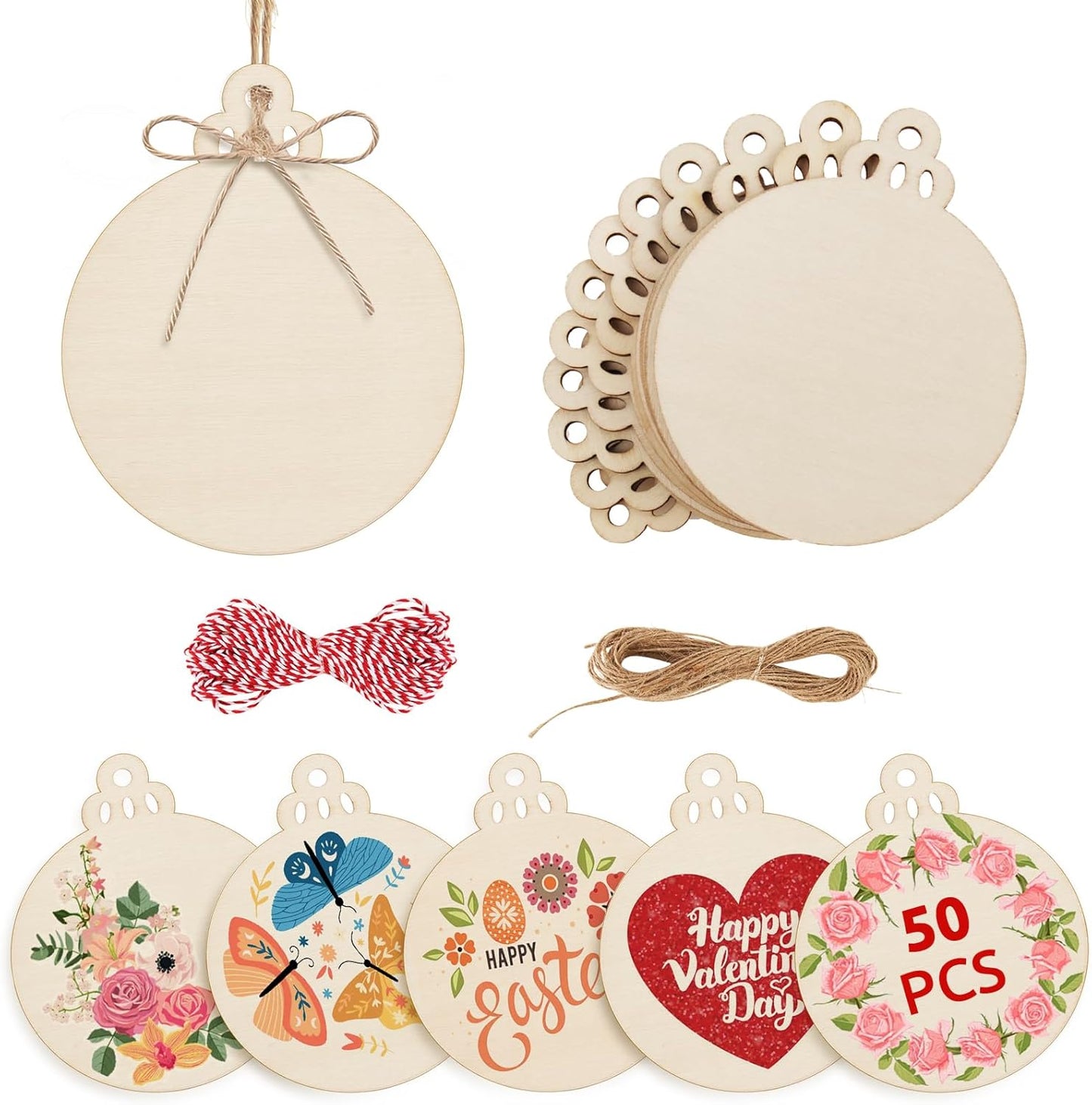 Philorn 50pcs Wooden Ornaments for Crafts 3.5" Unfinished DIY Wooden Christmas Ornaments, Predrilled Wood Slices Circles for Crafts Paint Holiday Hanging Decorations (50pc Christmas Ball)