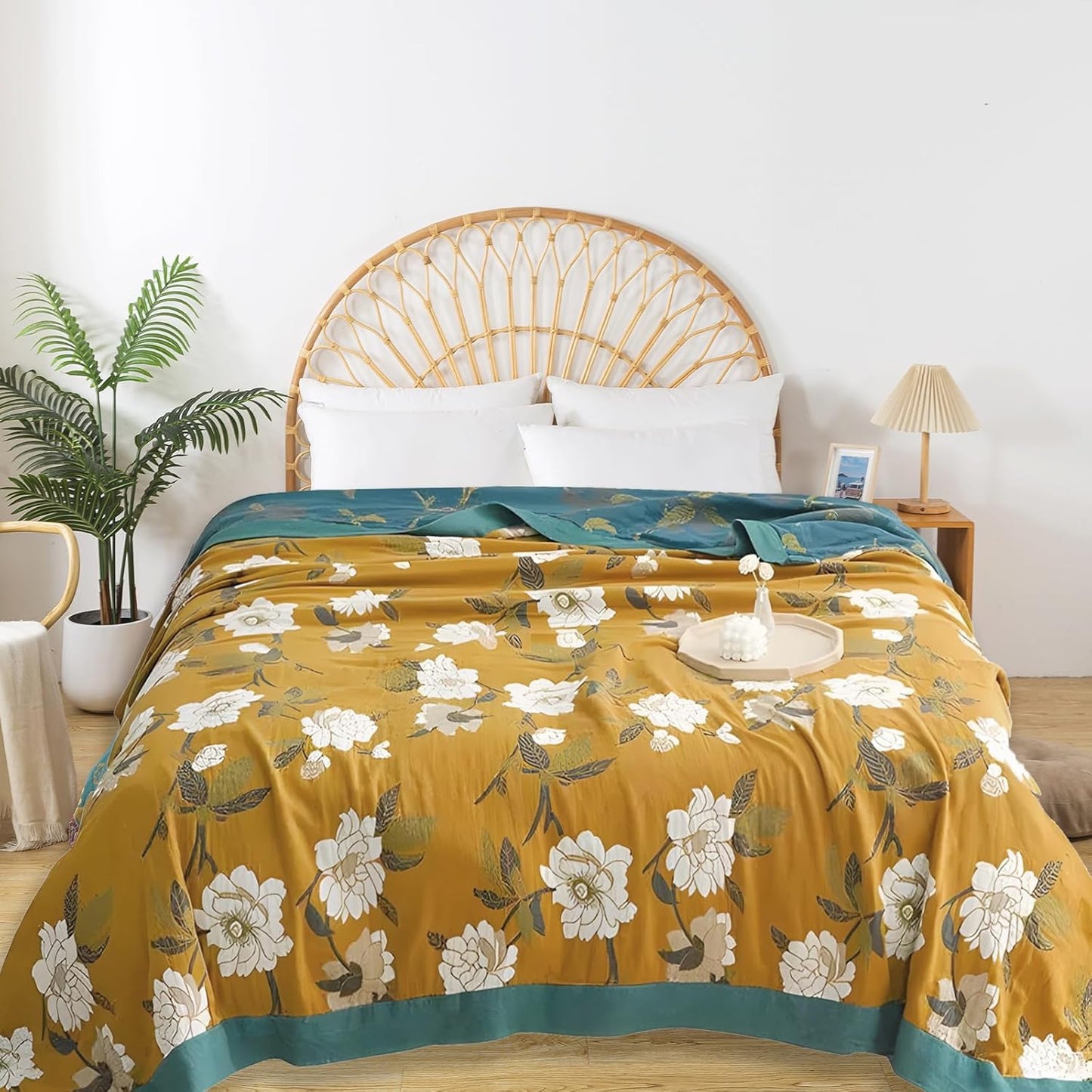 Boho Throw Blanket for Bed - 100% Pure Cotton Ultra Soft Rustic Quilt - Farmhouse Decor Bed Blankets, All Season Rustic Throw for Sofa Couch Chair(80''x 90'', Flower Branch 2)