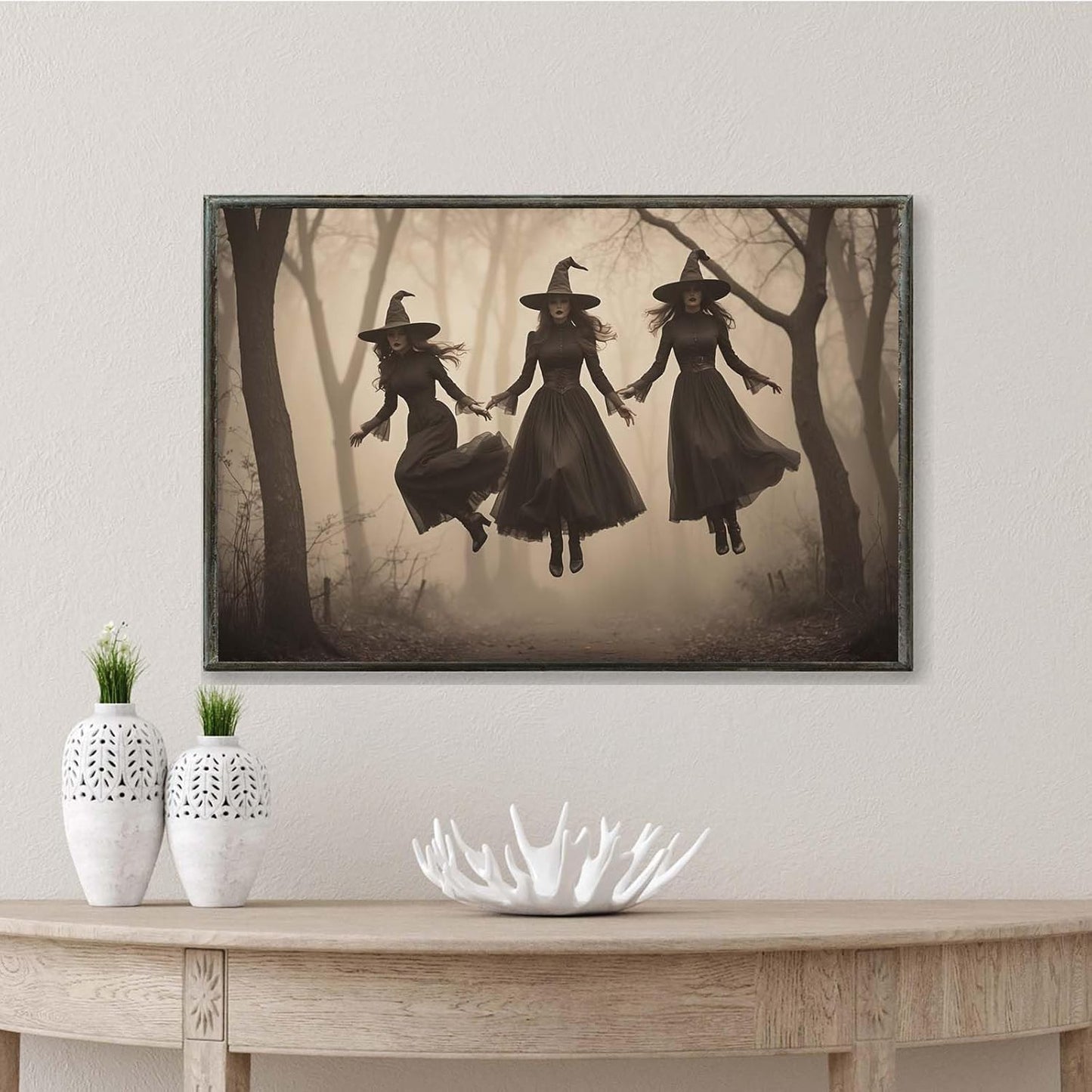JFHCQJPK Three ghost witches flying in vintage forest gothic wall art witchcraft decoration holiday gift canvas wall art print24x36in Metal blackFramed