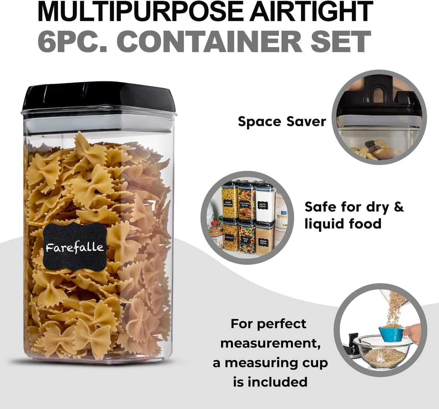 Shazo Airtight Food Storage Containers with Lids - 6 PC BPA Free Clear Plastic Cereal Containers with Easy Lock Lids for Kitchen and Pantry Organization for Snacks and Pasta - 1.2 L