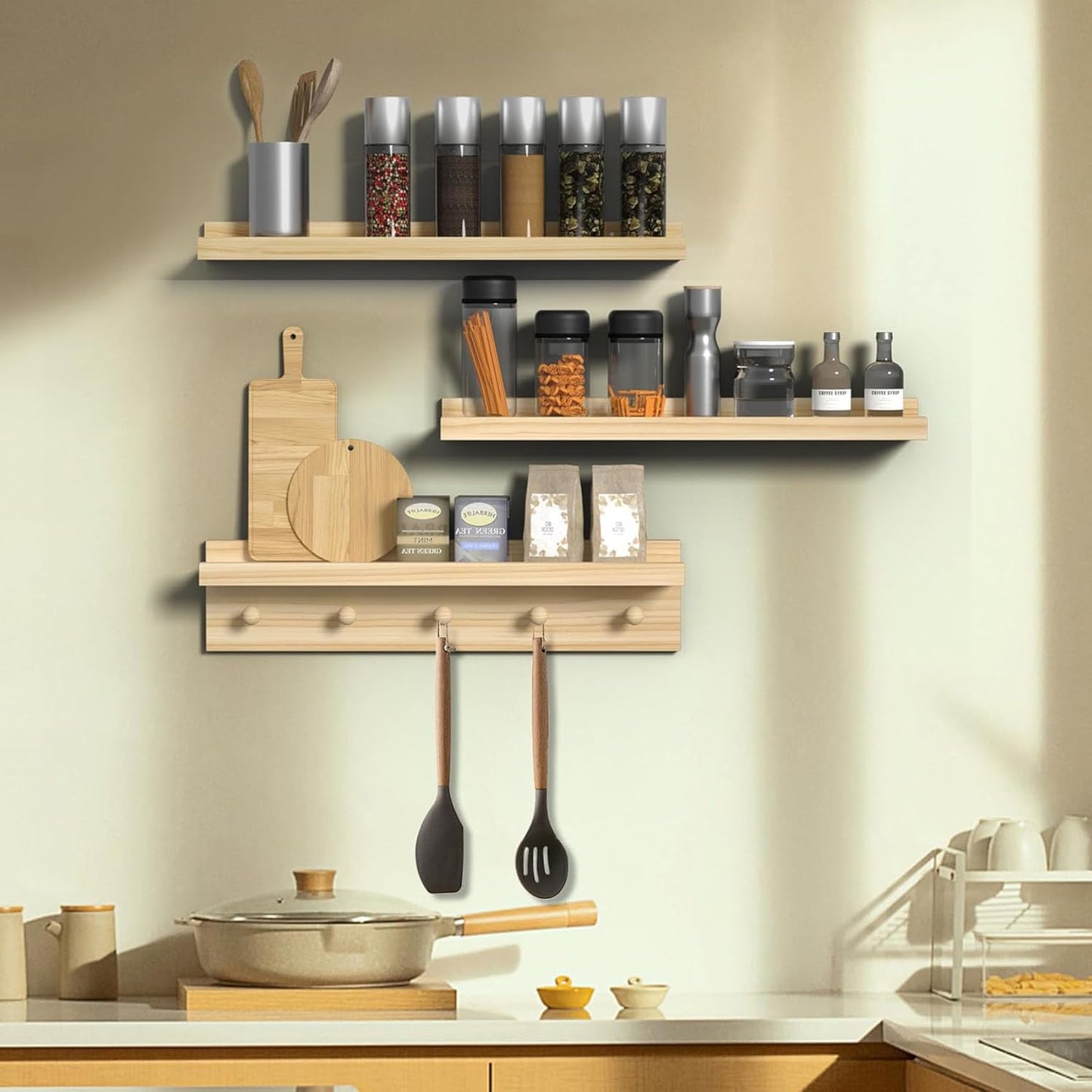 MBYD Natural Wood Floating Shelves, Unfinished Wood Picture Ledge, 24 Inch Picture Ledge for Kids Room, Floating Nursery Book Shelf with Hooks for Living Room, Kitchen, Bathroom