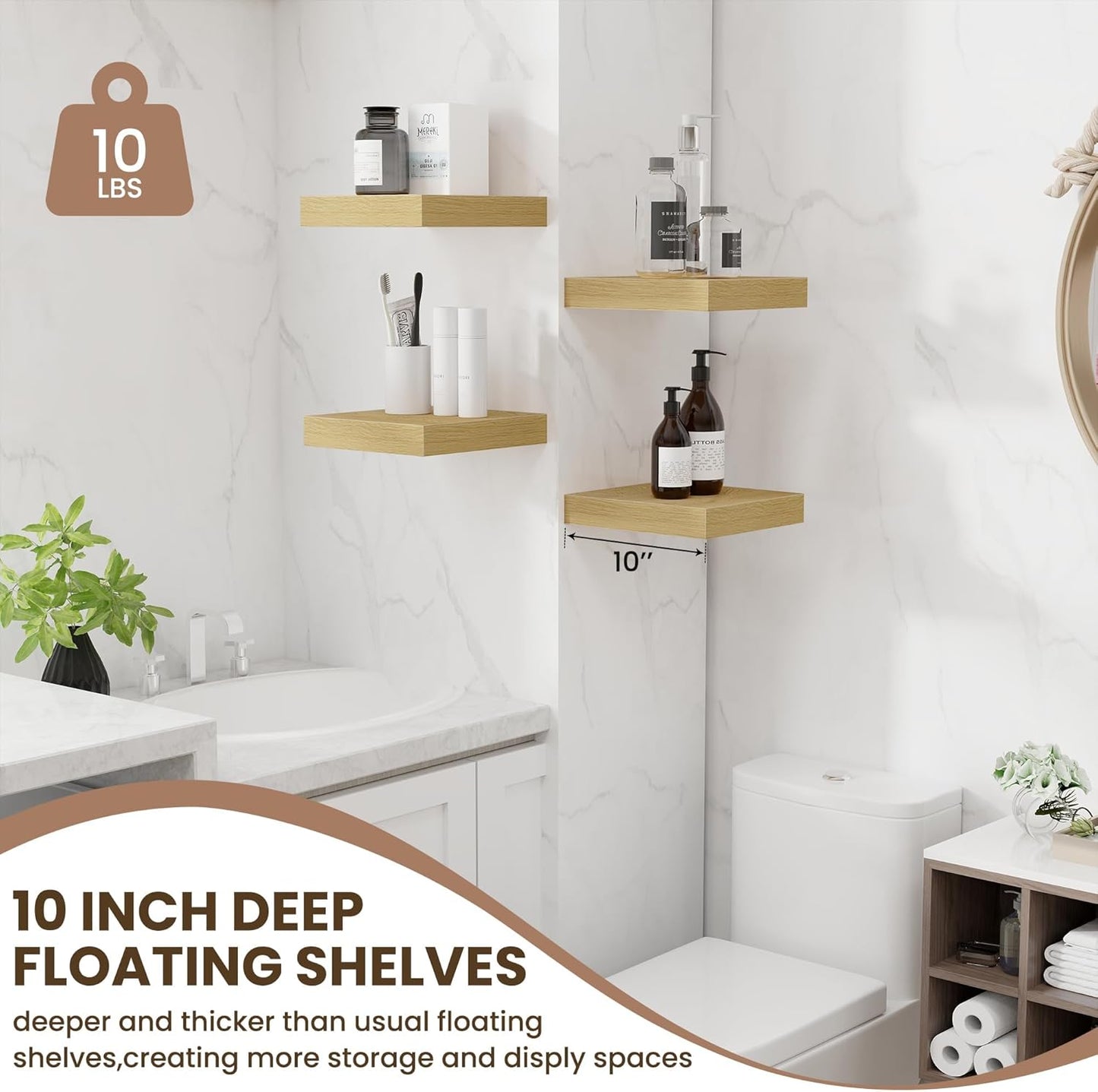 Fun Memories Floating Shelves for Wall - 10" x 10" Wood Shelf with Invisible Bracket - Deep Floating Shelves - 10 Inch Shelf Wall-Mounted for Living Room & Bathroom - Oak - Set of 2