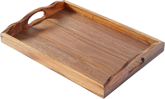 Nature Walnut Wooden Serving Tray with Handles, Solid Wood Food Tray for Coffee, Breakfast, Dinner, Ottoman,16.6x11.8x2.4 inches