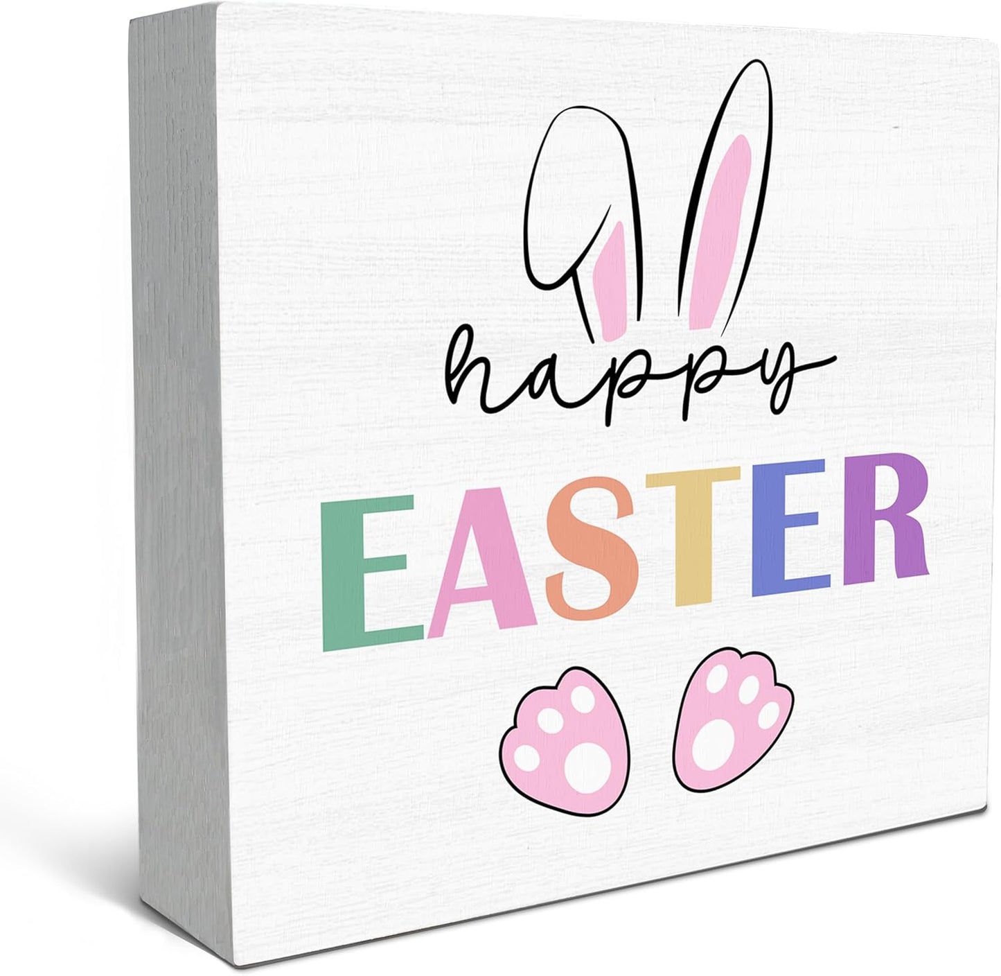 SRADMO Happy Easter Sign, Cute Bunny's Ear Easter Wood Box Sign Desk Decor, Easter Bunny Decorations, Easter Theme Wooden Block Box Sign Decoration for Home Office Shelf Table Decor