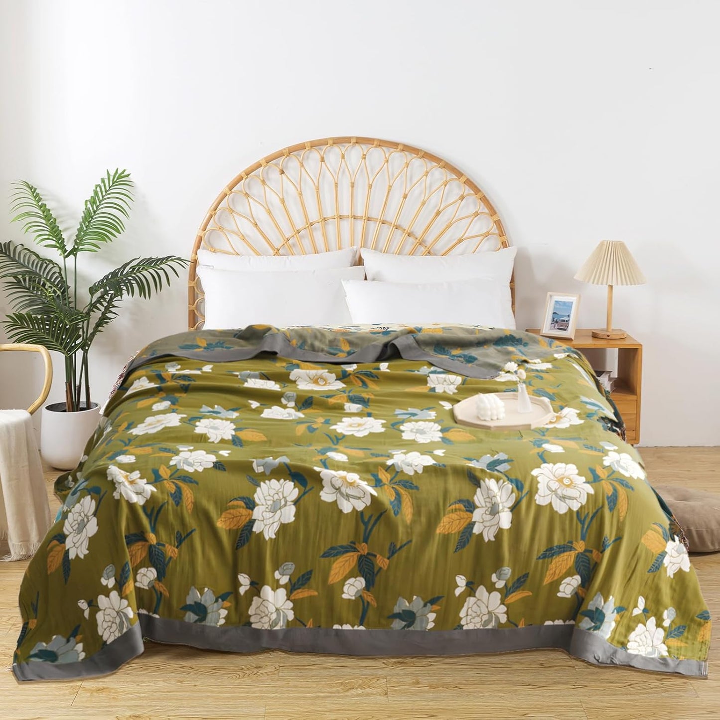 Boho Throw Blanket for Bed - 100% Pure Cotton Ultra Soft Rustic Quilt - Farmhouse Decor Bed Blankets, All Season Rustic Throw for Sofa Couch Chair(60"×80", Flower Branch)