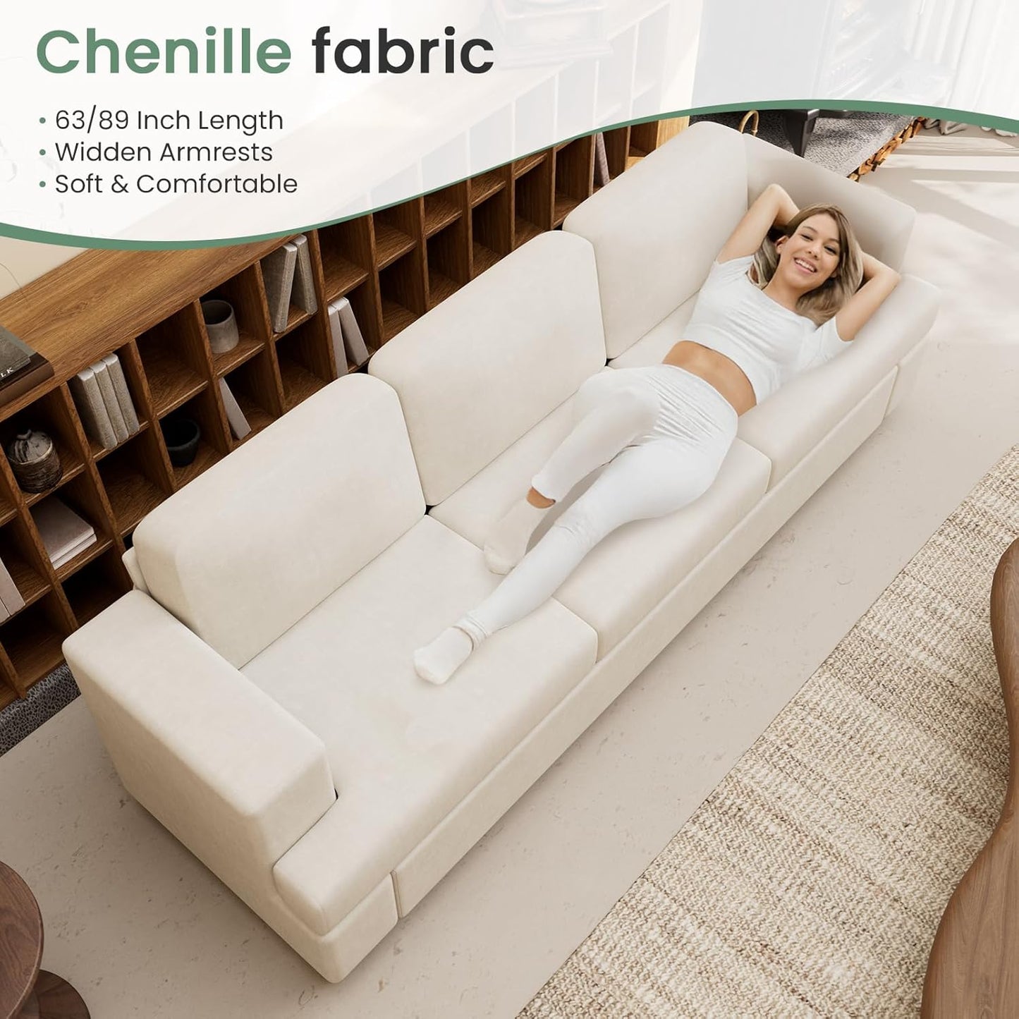 Sofa, 2 Piece Set Comfy Couch, 3 Seater & Loveseat Sofa with Deep Seats, Modern Sleeper Couch for Living Room, Beige Chenille