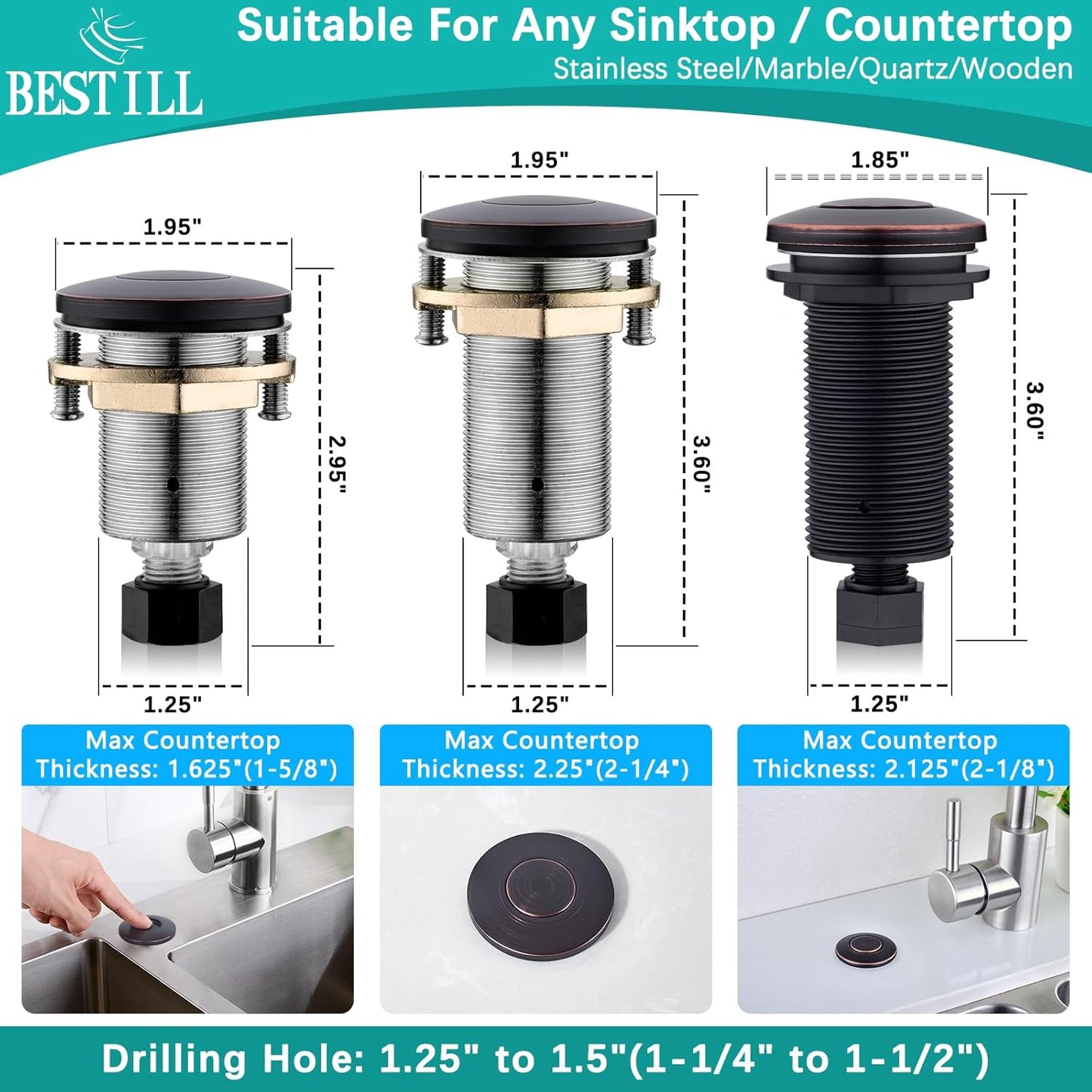 BESTILL Garbage Disposal Air Switch Kit-UL Listed, Cordless Sink Top Switch Button for Waste Disposer, 3.6" Long Push Button with Brass Cover, Oil Rubbed Bronze, Compatible with all Garbage Disposals