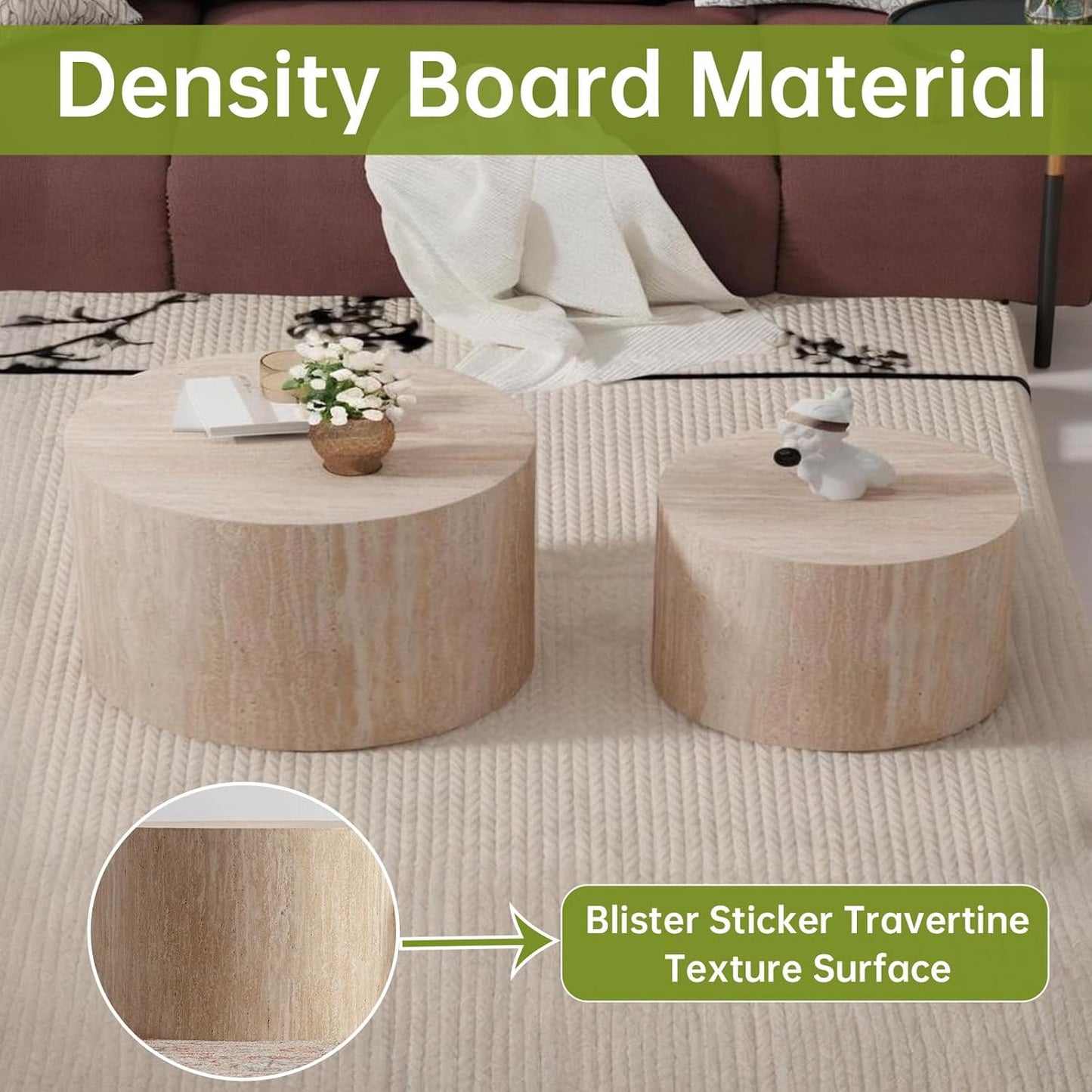 Round Nesting Coffee Table Modern Travertine Coffee Table Set of 2 for Living Room Circle Drum Coffee Tables Round Nesting Tables for Small Spaces (Travertine 26in)