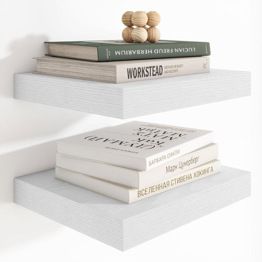 Heimlove 12 Inch Deep Floating Shelves, 12 x 12 inches Long Wall Shelf, Large Extra Display Shelf & Storage Shelf, Rustic Wood Wall Shelves for Fireplace Mantel, White - 2Pack