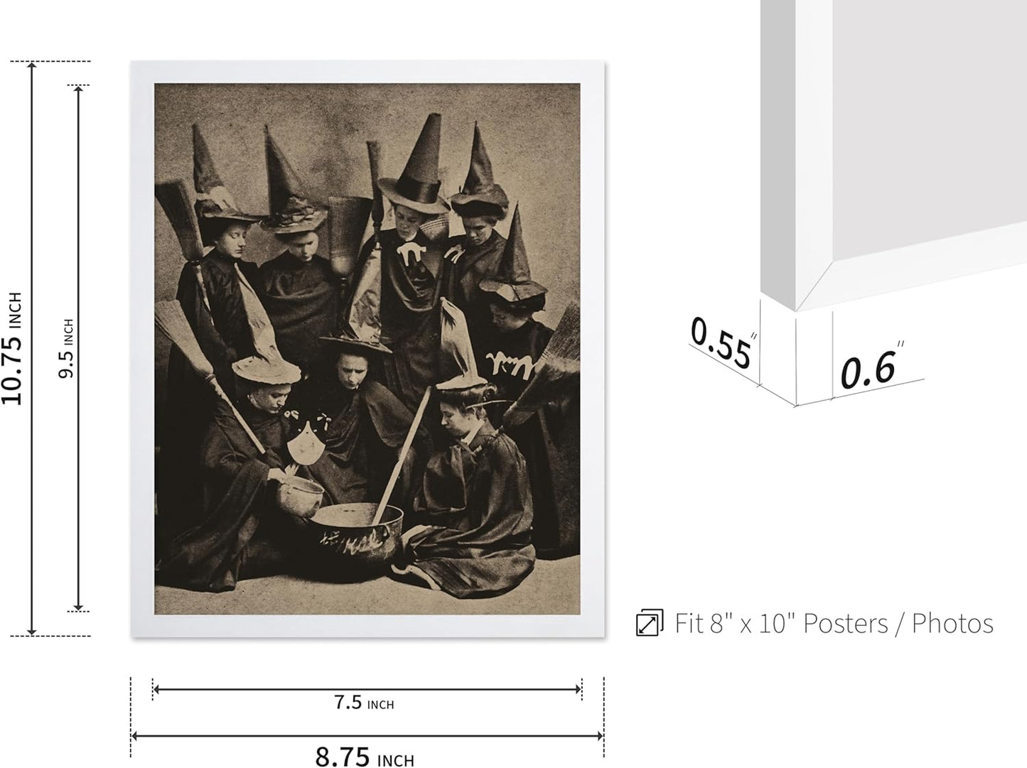 Poster Master Vintage Photograph Poster - Retro Halloween Print - Gift for Artist, Friend - Witches Cooking, Pointy Hats, Broomsticks, Black Magic - Wall Decor for Bedroom, 8x10 White Framed